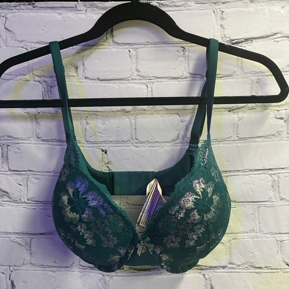 Victoria’s Secret Body by Victoria Perfect Shape Green‎ Silver Lace Bra Sz 34DD